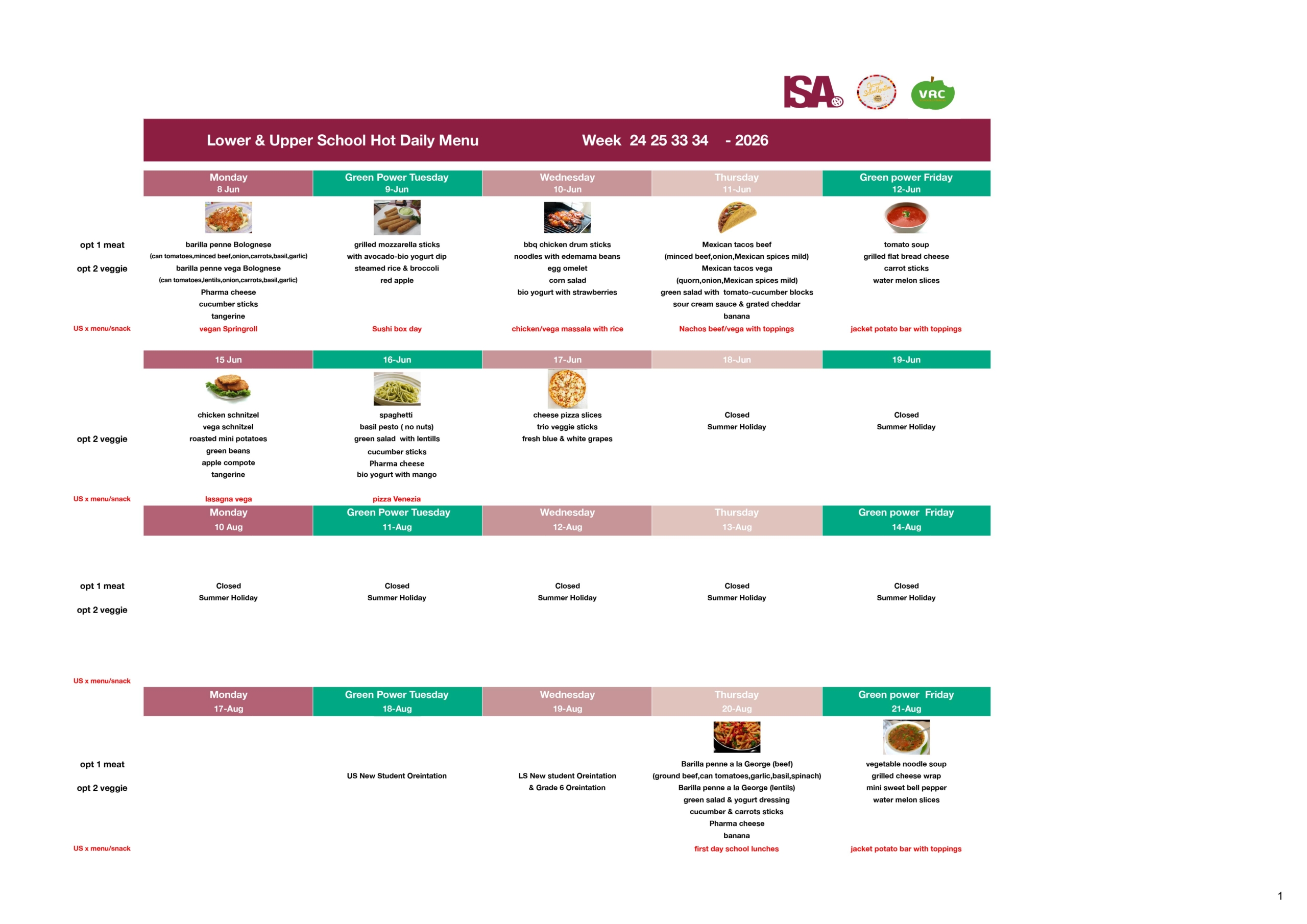 その他 isa Lunch Menu - International School of Amsterdam